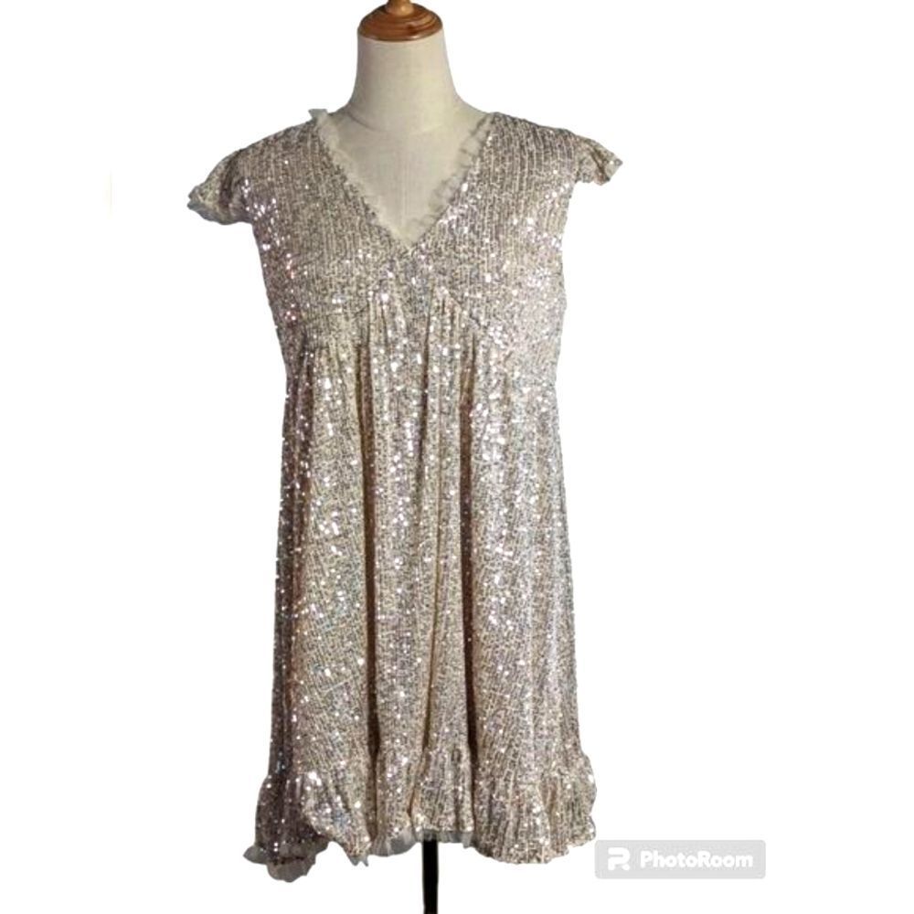 M by MNK Champagne Sequin Babydoll Dress NWT